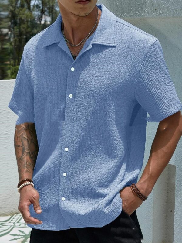 Men's Solid Color Short Sleeve Shirt Fashion Casual Button Lapel Tops Clothing - Image 4